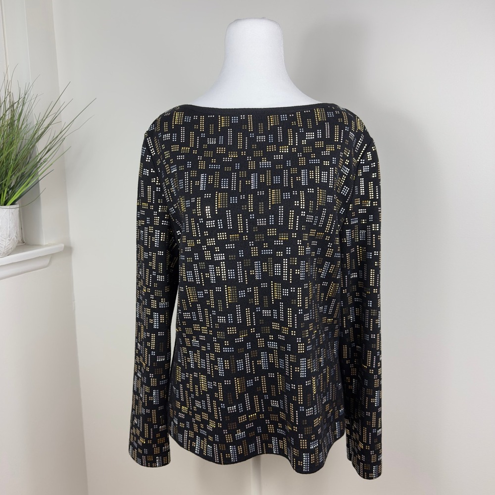 St. John Evening Embellished Geometric Knit Top Black Gold Size 8 USA‎